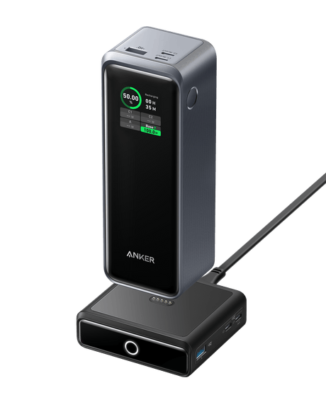 Anker Prime 27,650mAh power bank and 100W charging base, portable charging accessories with sleek design and brand logo.