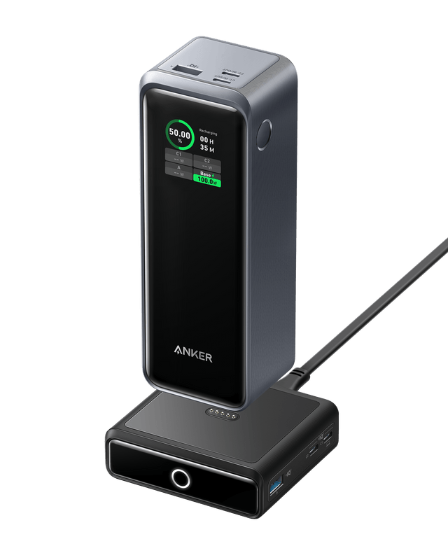 Anker Prime 27,650mAh power bank and 100W charging base, portable charging accessories with sleek design and brand logo.