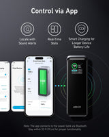 Anker Prime 27,650mAh power bank with 250W capacity and 100W charging base, shown with charging ports and sleek design.