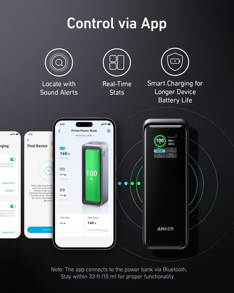 Anker Prime 27,650mAh power bank with 250W capacity and 100W charging base, shown with charging ports and sleek design.
