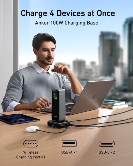 Anker Prime 27,650mAh power bank with 250W capacity and 100W charging base, shown with charging ports and sleek design.