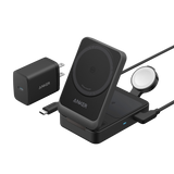 Anker MagGo foldable 3-in-1 wireless charging station with phone, Apple Watch, and AirPods charging pads on a desk.