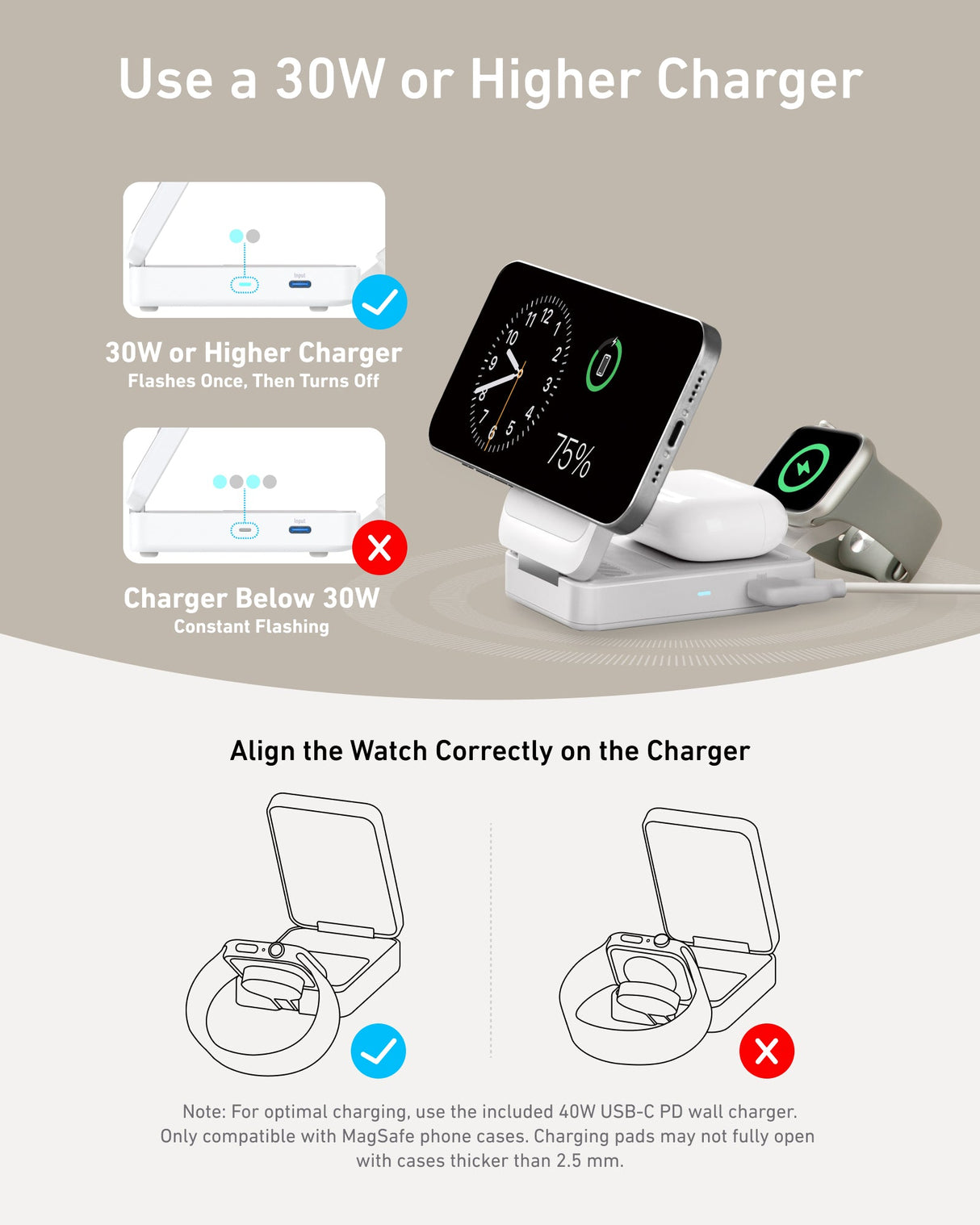 Anker MagGo foldable 3-in-1 wireless charging station with space for phone, smartwatch, and earbuds on a sleek surface.