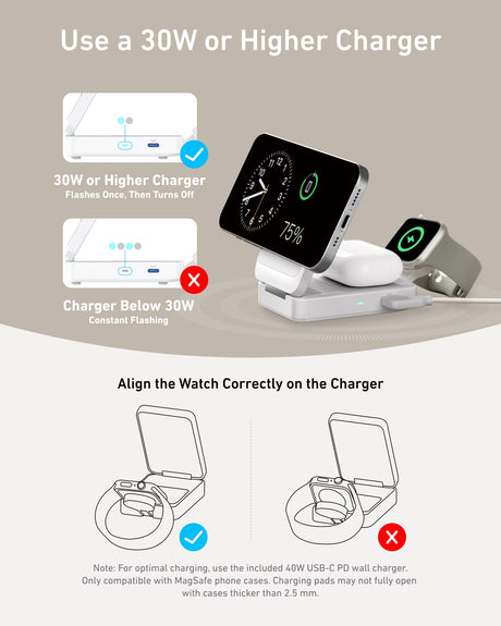 Anker MagGo foldable 3-in-1 wireless charging station with space for phone, smartwatch, and earbuds on a sleek surface.