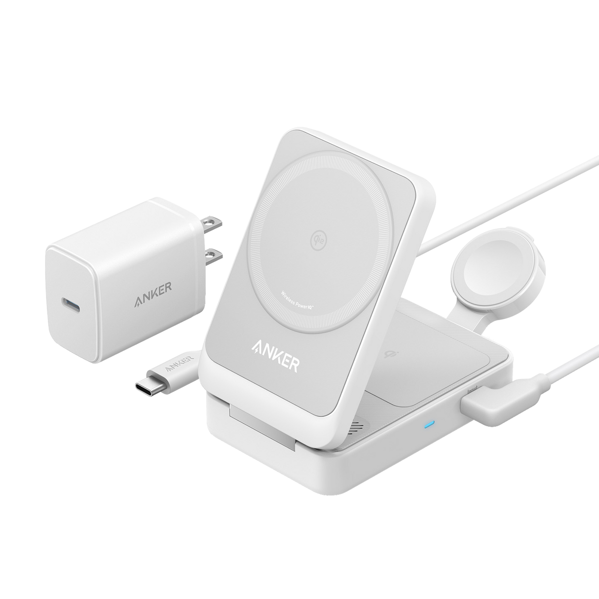Anker MagGo foldable 3-in-1 wireless charging station with space for smartphone, smartwatch, and wireless earbuds.