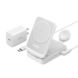 Anker MagGo foldable 3-in-1 wireless charging station with space for smartphone, smartwatch, and wireless earbuds.