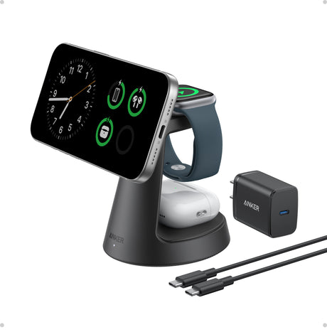 Anker MagGo 3-in-1 wireless charging station with stand for phone, Apple Watch, and AirPods on a sleek surface