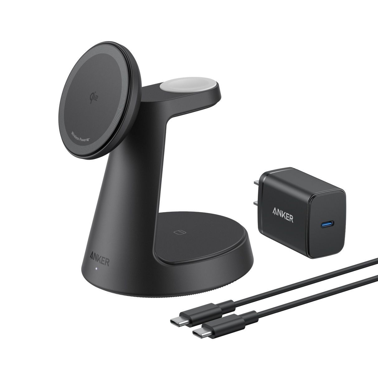 Anker MagGo 3-in-1 wireless charging station with dock stand for smartphones, AirPods, and Apple Watch on a sleek surface.