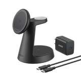 Anker MagGo 3-in-1 wireless charging station with dock stand for smartphones, AirPods, and Apple Watch on a sleek surface.