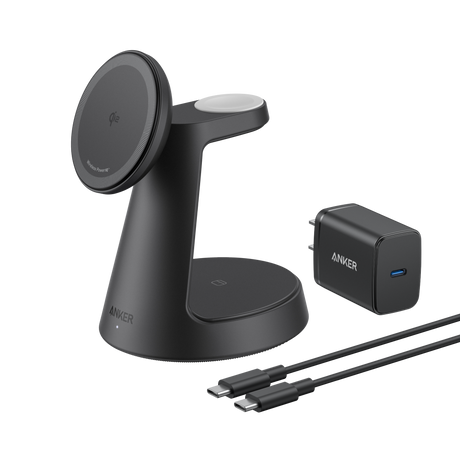 Anker MagGo 3-in-1 wireless charging station with dock stand for smartphones, AirPods, and Apple Watch on a sleek surface.