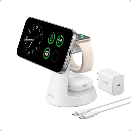 Anker MagGo 3-in-1 wireless charging station with dock stand, showcasing multiple device charging ports and sleek design.