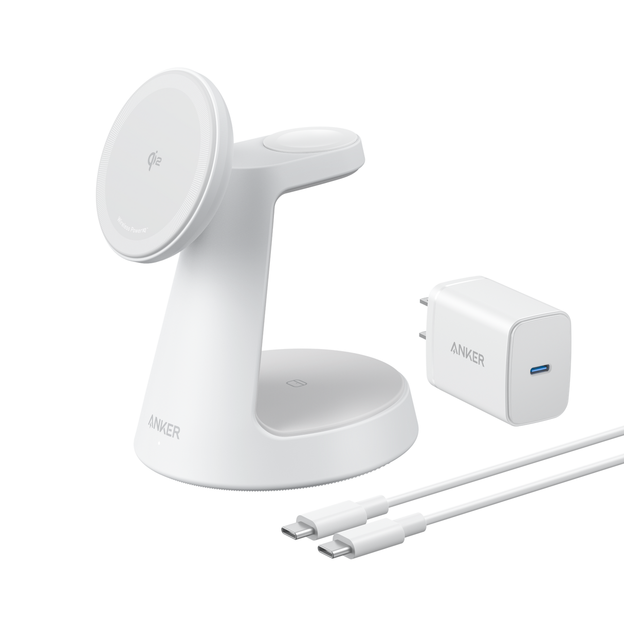 Anker MagGo 3-in-1 wireless charging station with dock stand for iPhone, Apple Watch, and AirPods, in sleek black design.