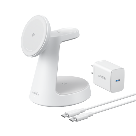 Anker MagGo 3-in-1 wireless charging station with dock stand for iPhone, Apple Watch, and AirPods, in sleek black design.