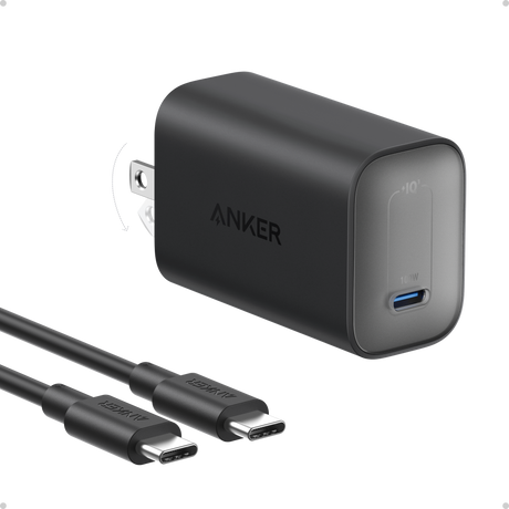 Anker Nano 100W charger with USB-C cable, compact black power adapter and braided USB-C cable for fast charging.
