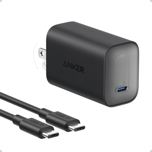Anker Nano 100W charger with USB-C cable, compact black power adapter and braided USB-C cable for fast charging.
