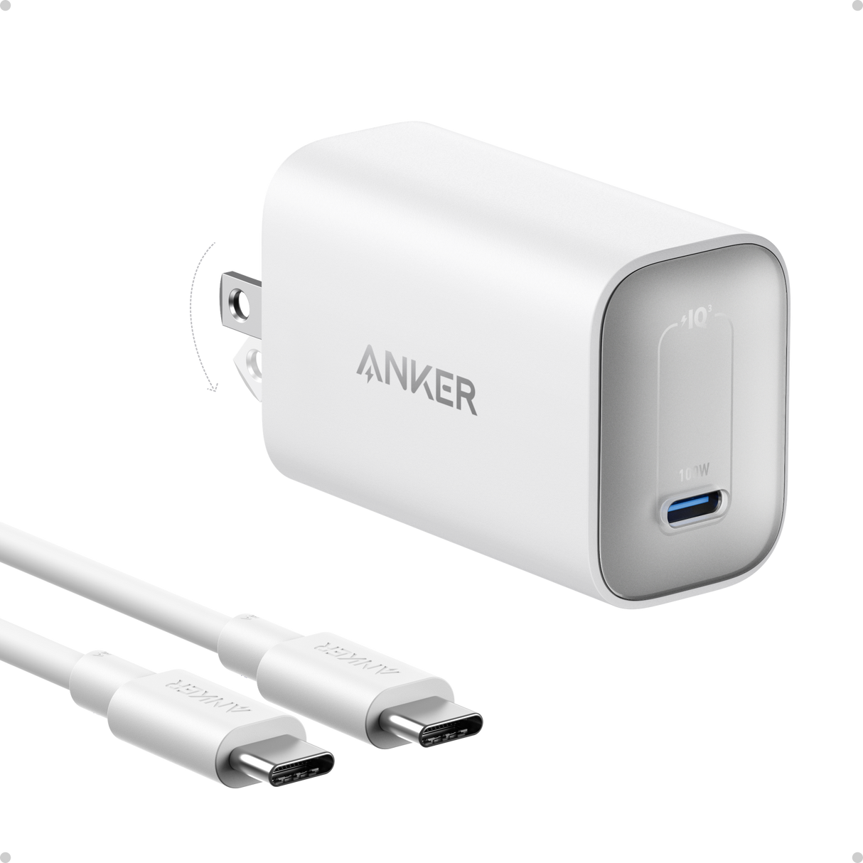 Anker Nano 100W charger with USB-C cable, compact fast-charging power adapter for smartphones and laptops.