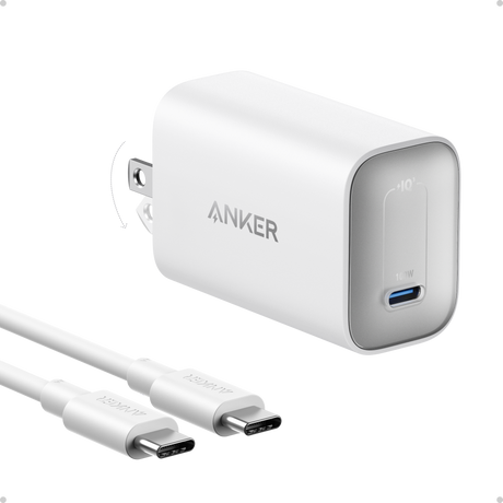 Anker Nano 100W charger with USB-C cable, compact fast-charging power adapter for smartphones and laptops.