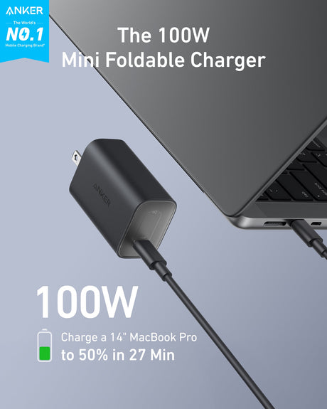 Anker Nano 100W charger with USB-C cable, compact black power adapter for fast charging devices.