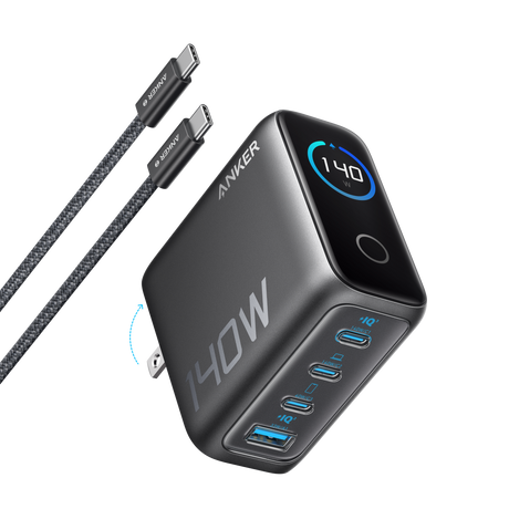Anker 140W 4-port USB-C PD charger with included USB-C cable, compact charging station for multiple devices.