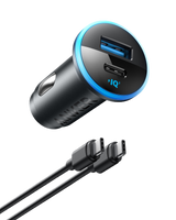 Anker 323 Car Charger with 52.5W power output, compact design, and dual USB ports for fast device charging.