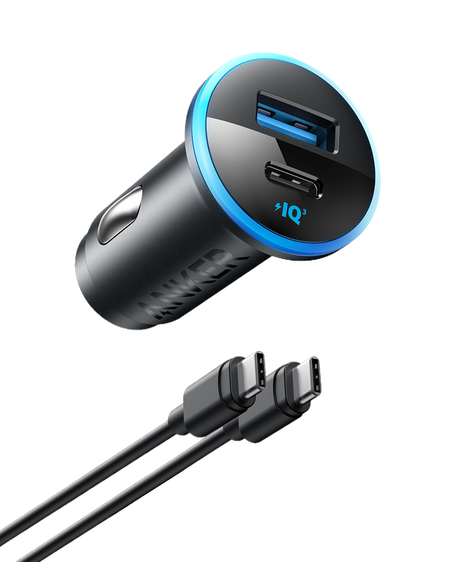Anker 323 Car Charger with 52.5W power output, compact design, and dual USB ports for fast device charging.