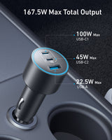 Anker Nano car charger with three ports, compact design, and 167.5W power output for fast charging in vehicles.