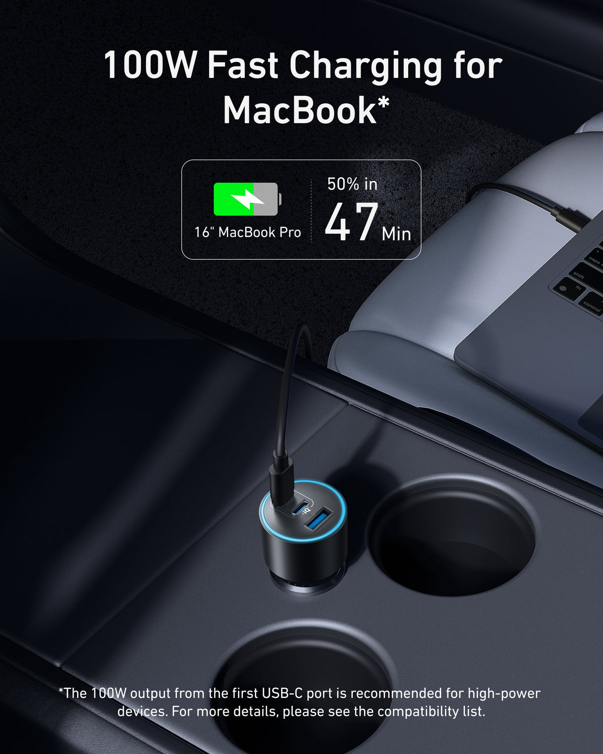 Anker Nano car charger with three USB ports and 167.5W power output, compact design for fast device charging in vehicles.