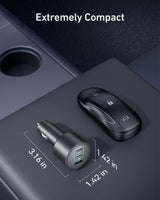 Anker Nano car charger with three USB ports and 167.5W power output, shown plugged into a vehicle's cigarette lighter socket.