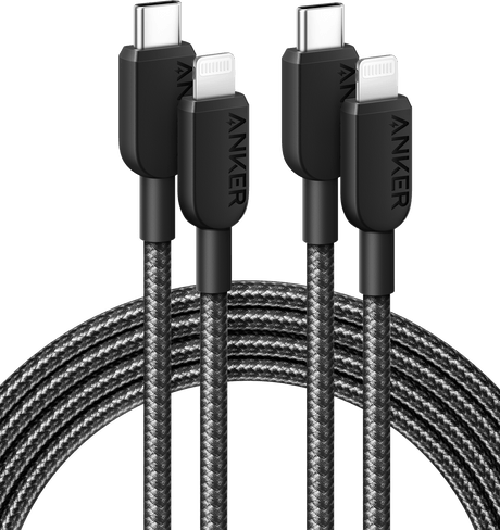 Anker 310 USB-C to Lightning Cable 6 ft 2-Pack, white, flexible cables for charging and syncing Apple devices.