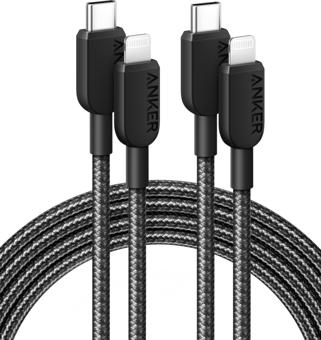 Anker 310 USB-C to Lightning Cable 6 ft 2-Pack, white, flexible cables for charging and syncing Apple devices.