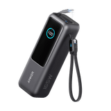 Anker 25K 165W laptop power bank with built-in retractable cables in black, portable and high-capacity for charging on the go.