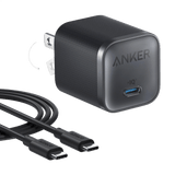 Black Anker Nano 45W charger with USB-C to USB-C cable, compact fast-charging power adapter for smartphones and devices.