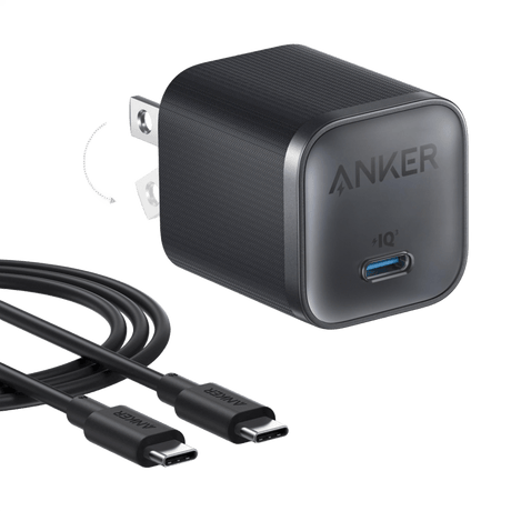 Black Anker Nano 45W charger with USB-C to USB-C cable, compact fast-charging power adapter for smartphones and devices.