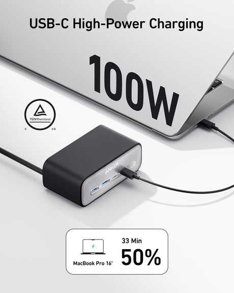 Anker 7-in-1 USB-C charging station in black with multiple ports including USB-C and USB-A for versatile device charging.