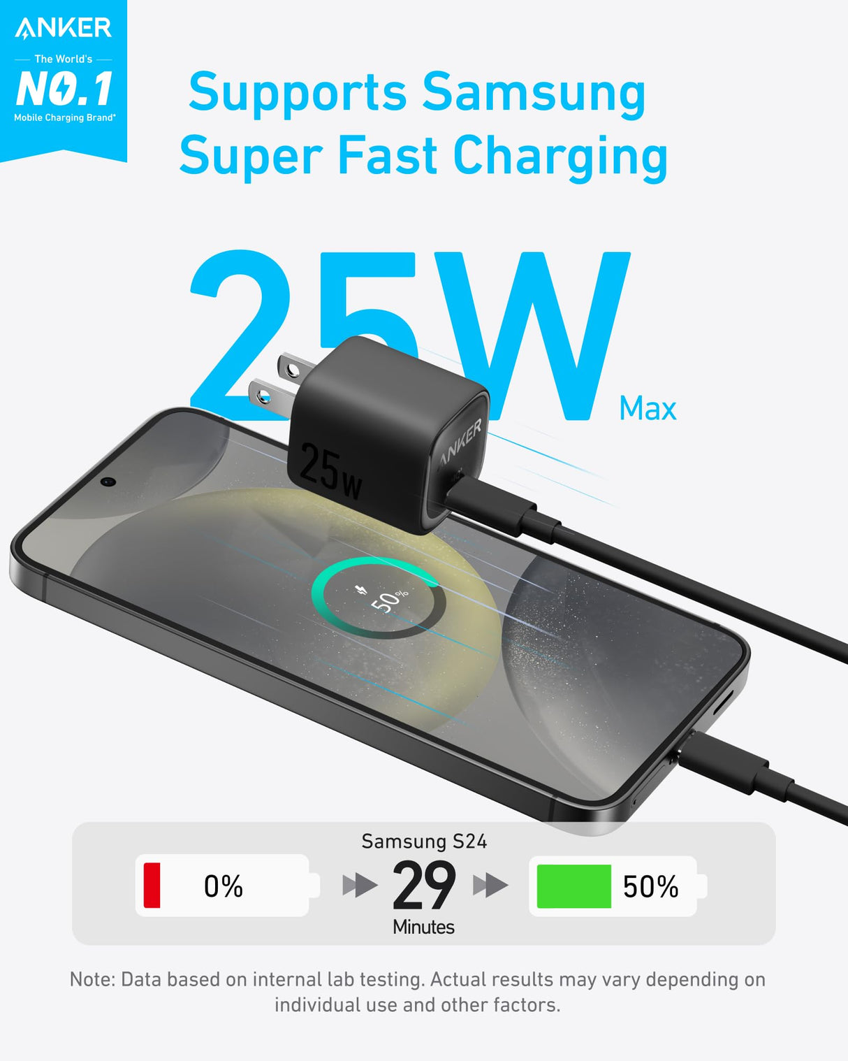 Black Anker 25W compact charger with USB-C port, designed for fast and efficient device charging.