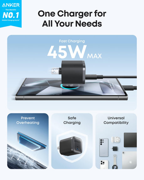 Anker Nano 45W charger with black USB-C to USB-C cable, compact design suitable for fast charging devices.