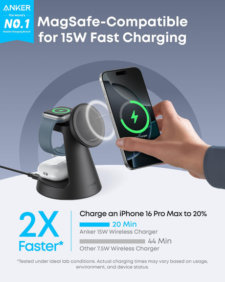 Anker MagGo wireless charging station 3-in-1 dock stand in black with space for phone, smartwatch, and earbuds.