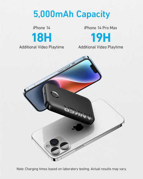 Black Anker 321 MagGo Battery PowerCore Magnetic 5K portable charger for magnetic charging devices.