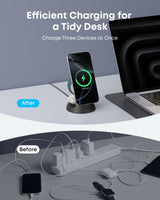 Anker MagGo 3-in-1 wireless charging station in black, with dock stand for iPhone, AirPods, and Apple Watch.