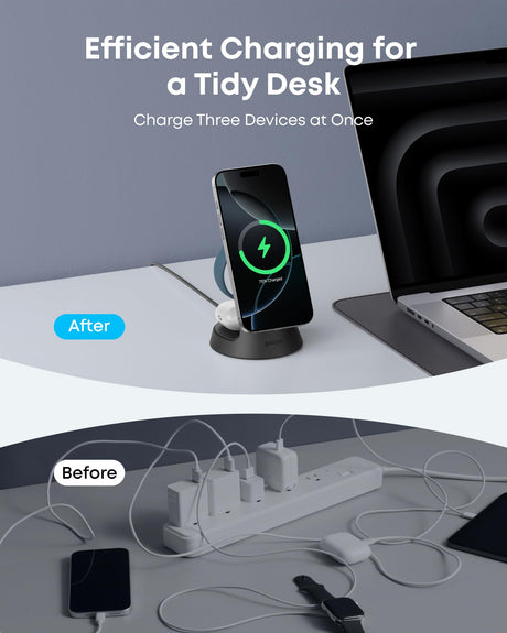 Anker MagGo 3-in-1 wireless charging station in black, with dock stand for iPhone, AirPods, and Apple Watch.