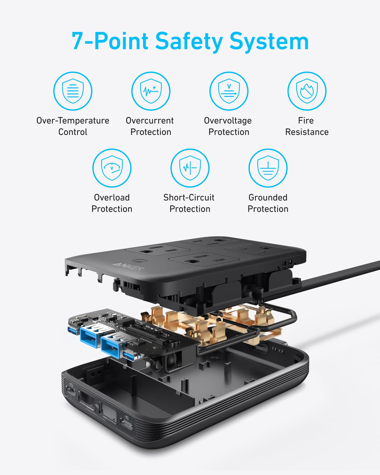 Black Anker 8-in-1 charging station with multiple ports and 20W power output for versatile device charging.