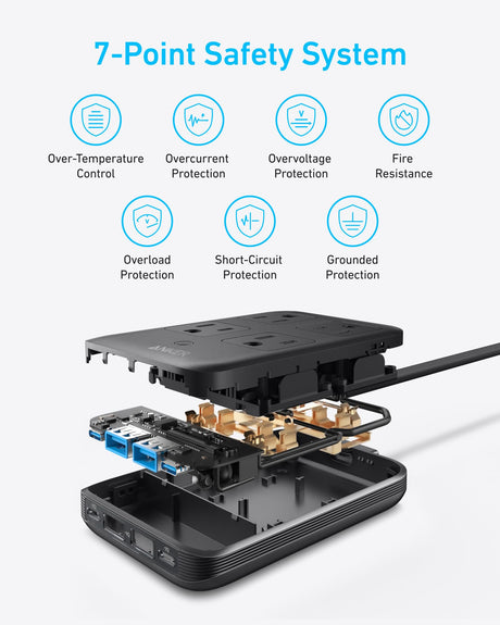 Black Anker 8-in-1 charging station with multiple ports and 20W power output for versatile device charging.