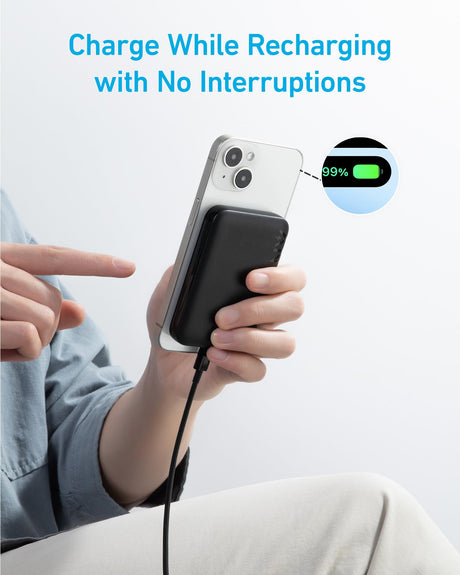 Black Anker 321 MagGo PowerCore Magnetic 5K portable battery for charging devices with magnetic attachment.