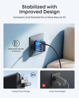 Anker Nano 70W charger with three USB ports in black, compact design for fast device charging.