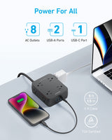 Black Anker 341 USB power strip with multiple charging ports and round extension cord for convenient device charging.