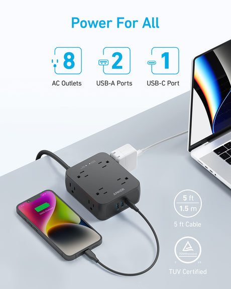 Black Anker 341 USB power strip with multiple charging ports and round extension cord for convenient device charging.
