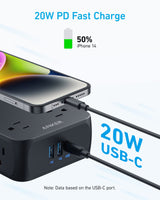 Black Anker 341 USB charging power strip with multiple outlets and USB ports, designed for convenient device charging.