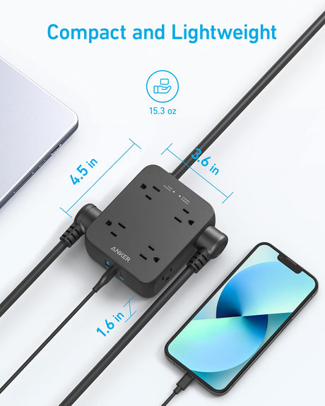 Black Anker 341 USB power strip with multiple USB ports and a round extension cord for charging devices.