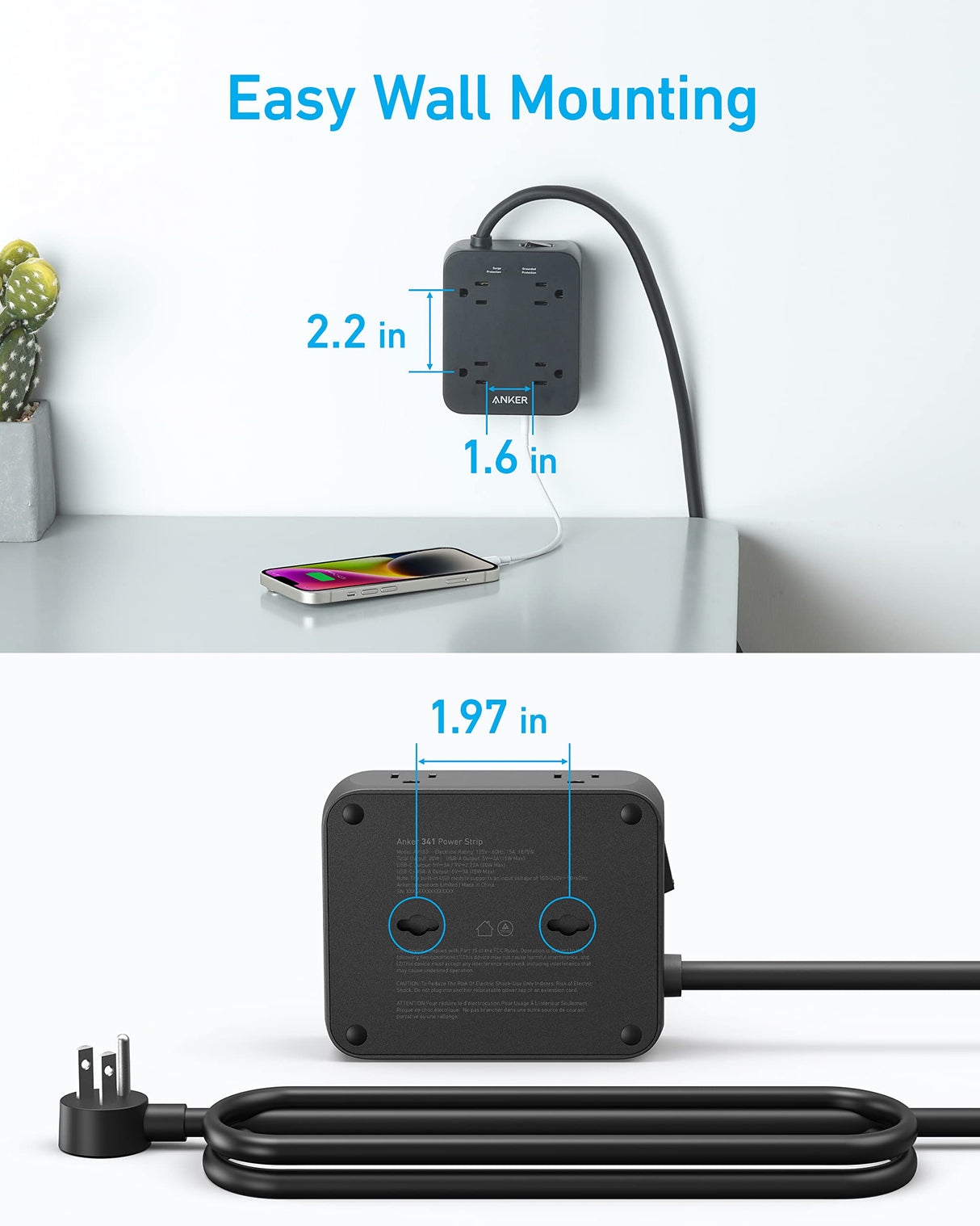 Black Anker 341 USB power strip with multiple charging ports and a round extension cord for convenient device charging.