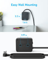 Black Anker 341 USB power strip with multiple charging ports and a round extension cord for convenient device charging.